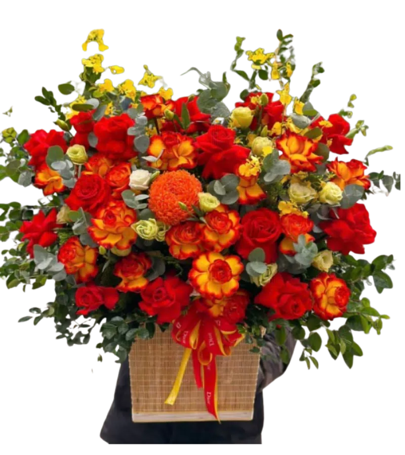 giỏ hoa hồng đỏ cam